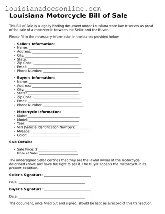 Printable  Motorcycle Bill of Sale Form for Louisiana
