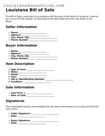 Printable  Bill of Sale Form for Louisiana