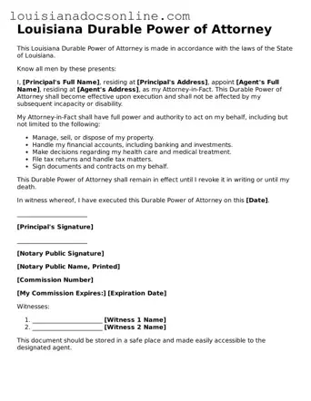 Printable Durable Power of Attorney Form for Louisiana