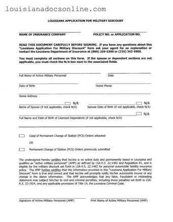 Louisiana Military Discount Form