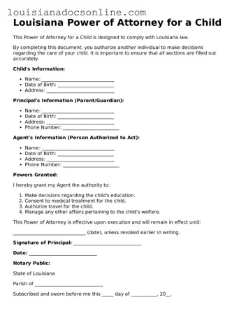 Printable  Power of Attorney for a Child Form for Louisiana