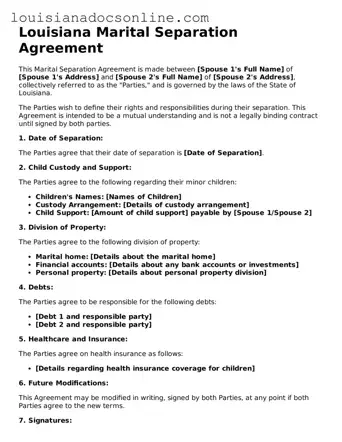 Printable  Marital Separation Agreement Form for Louisiana