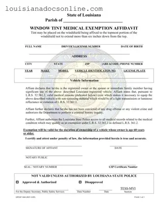 Louisiana Window Tint Exemption Sticker Form