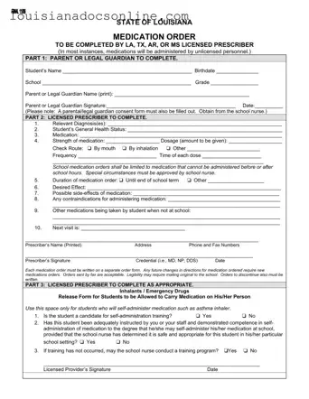 State Of Louisiana Medication Order Form