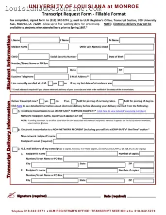 University Louisiana Transcript Form