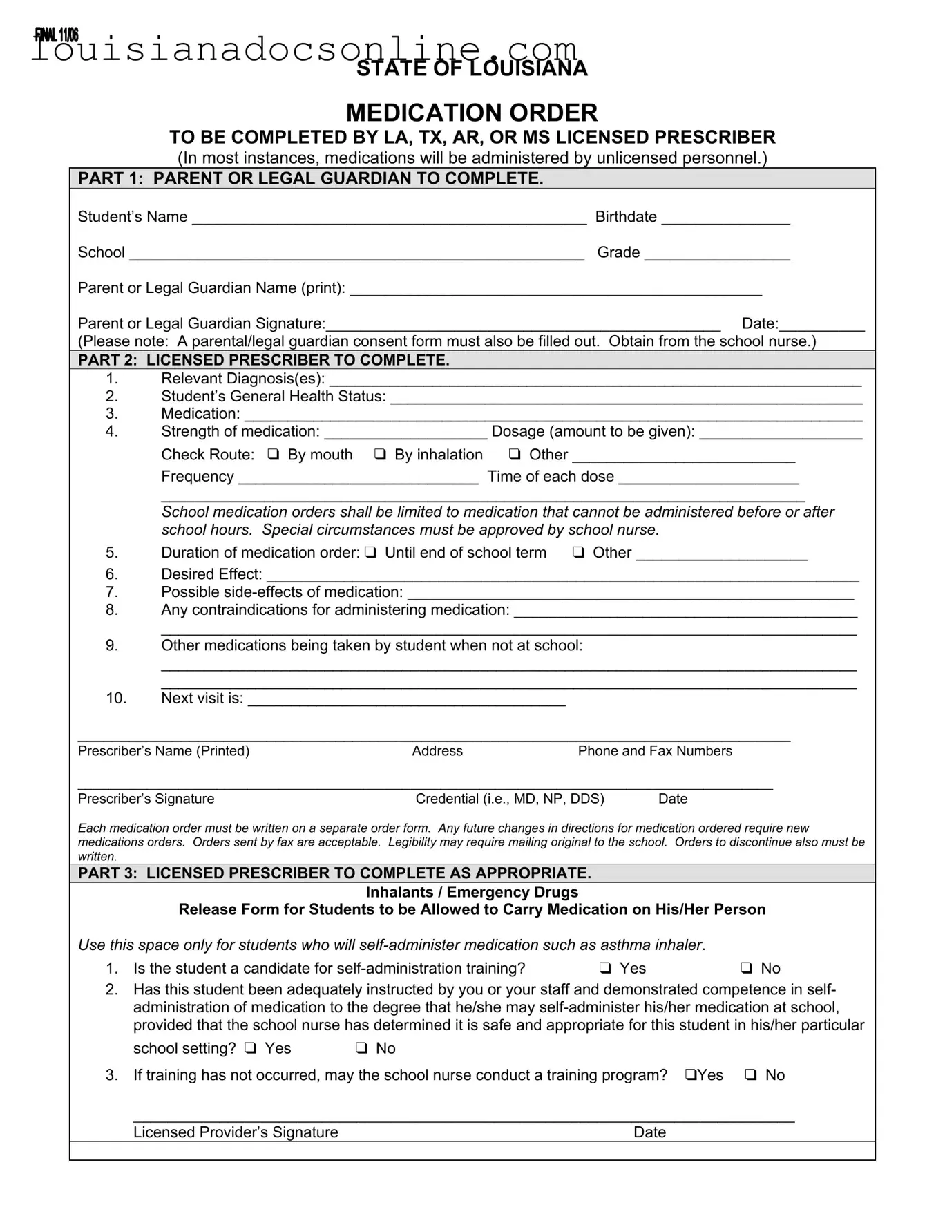 State Of Louisiana Medication Order Form