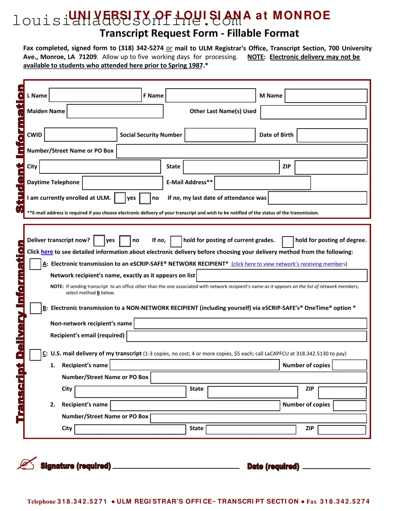 University Louisiana Transcript Form